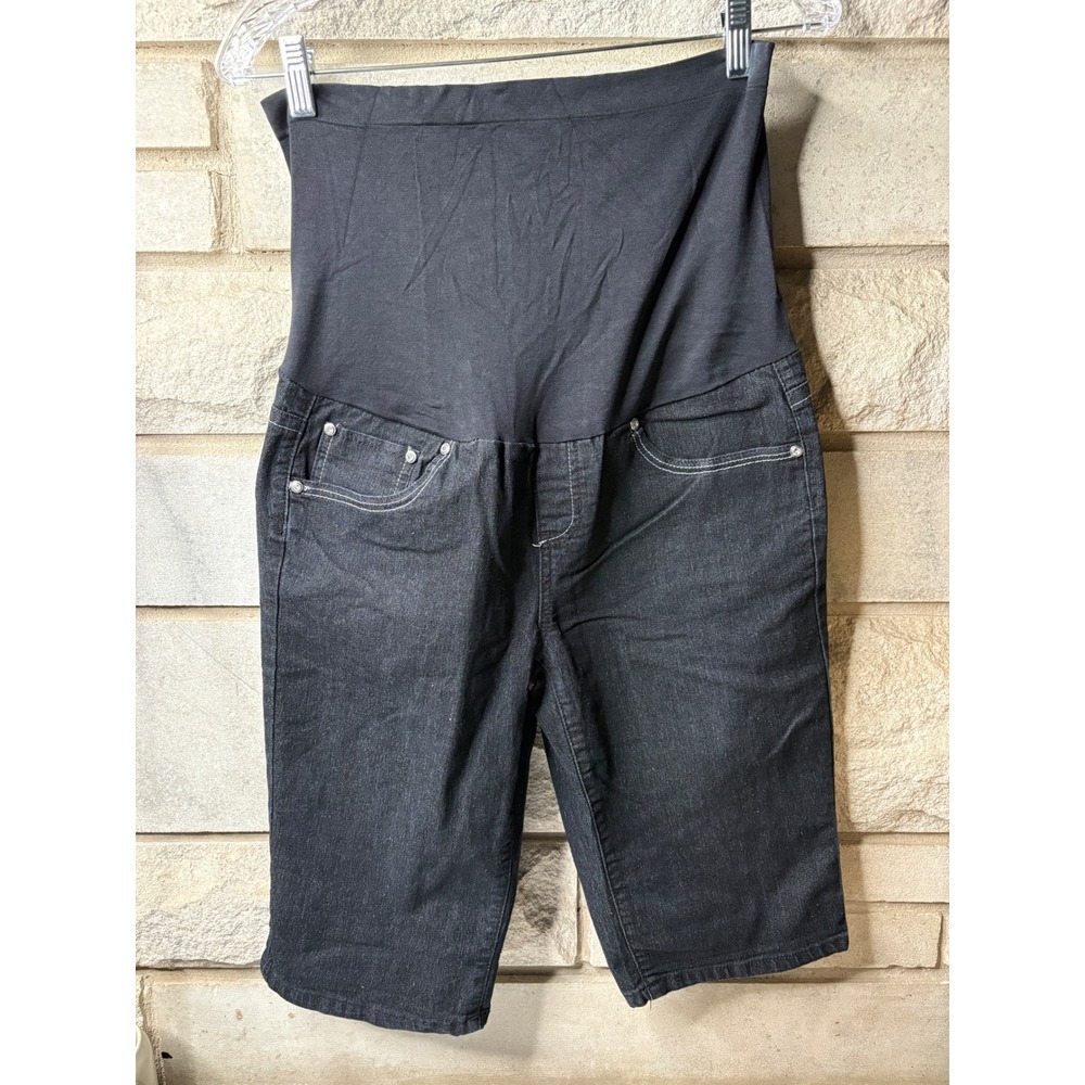 Bella Vida Maternity Black Denim Bermuda Short Rhinestone Pocket Size L RN112642